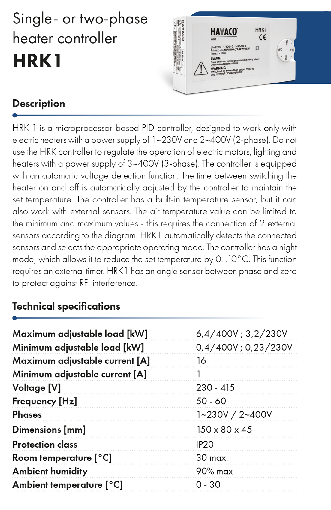 Heaters controller-HRK3 havaco catalogue card
