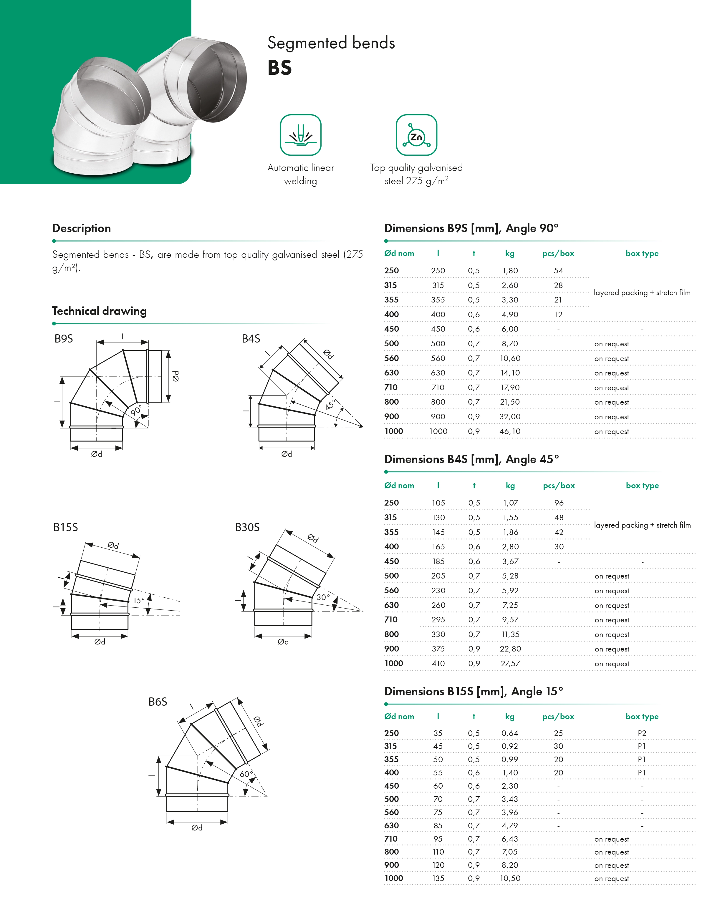 Segmented bends without gasket HAVACO B15S (15°), Ventia - Catalog Card