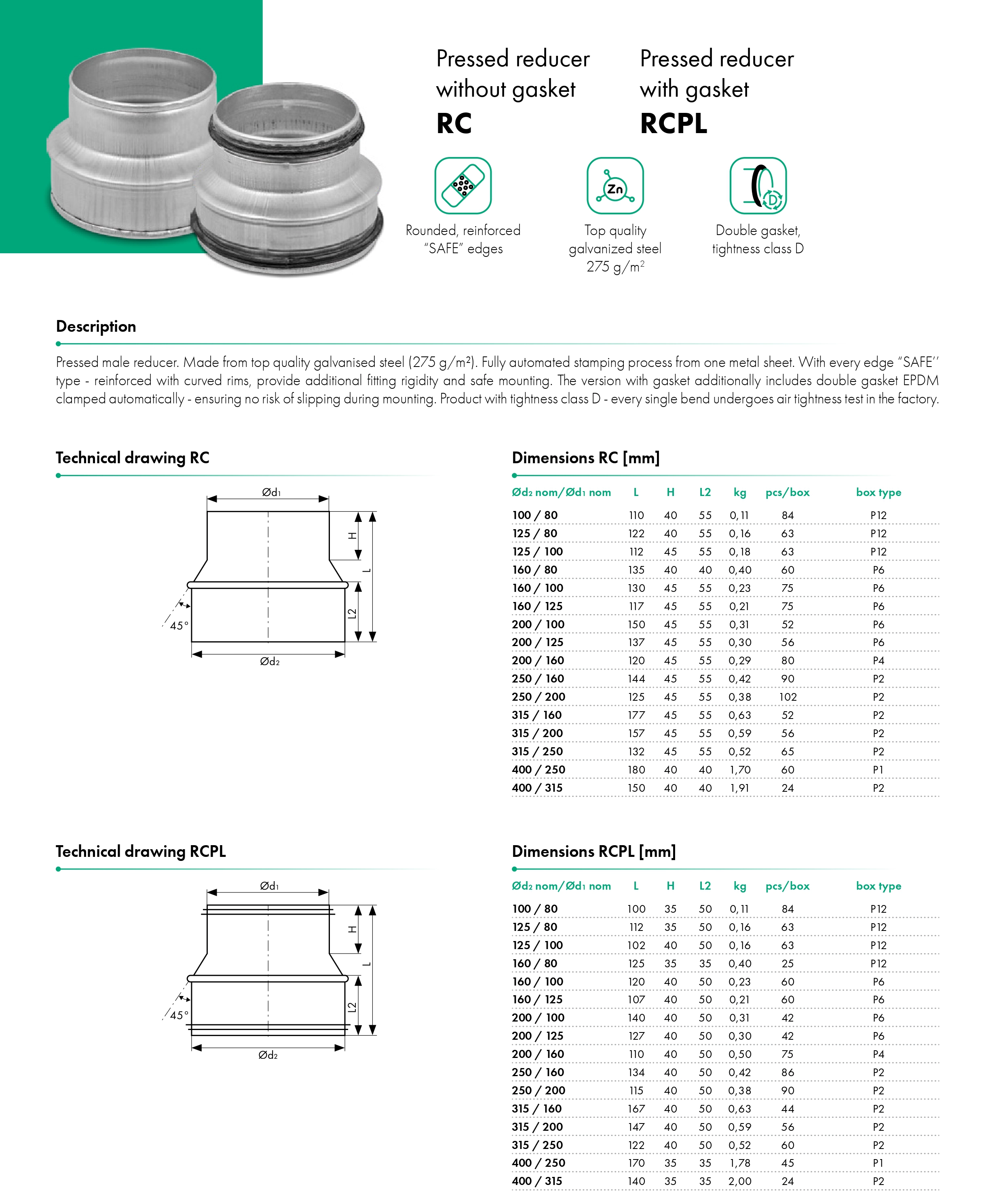Pressed reducer without gasket RC and with gasket  RCPL - HAVACO, Ventia - catalogue card