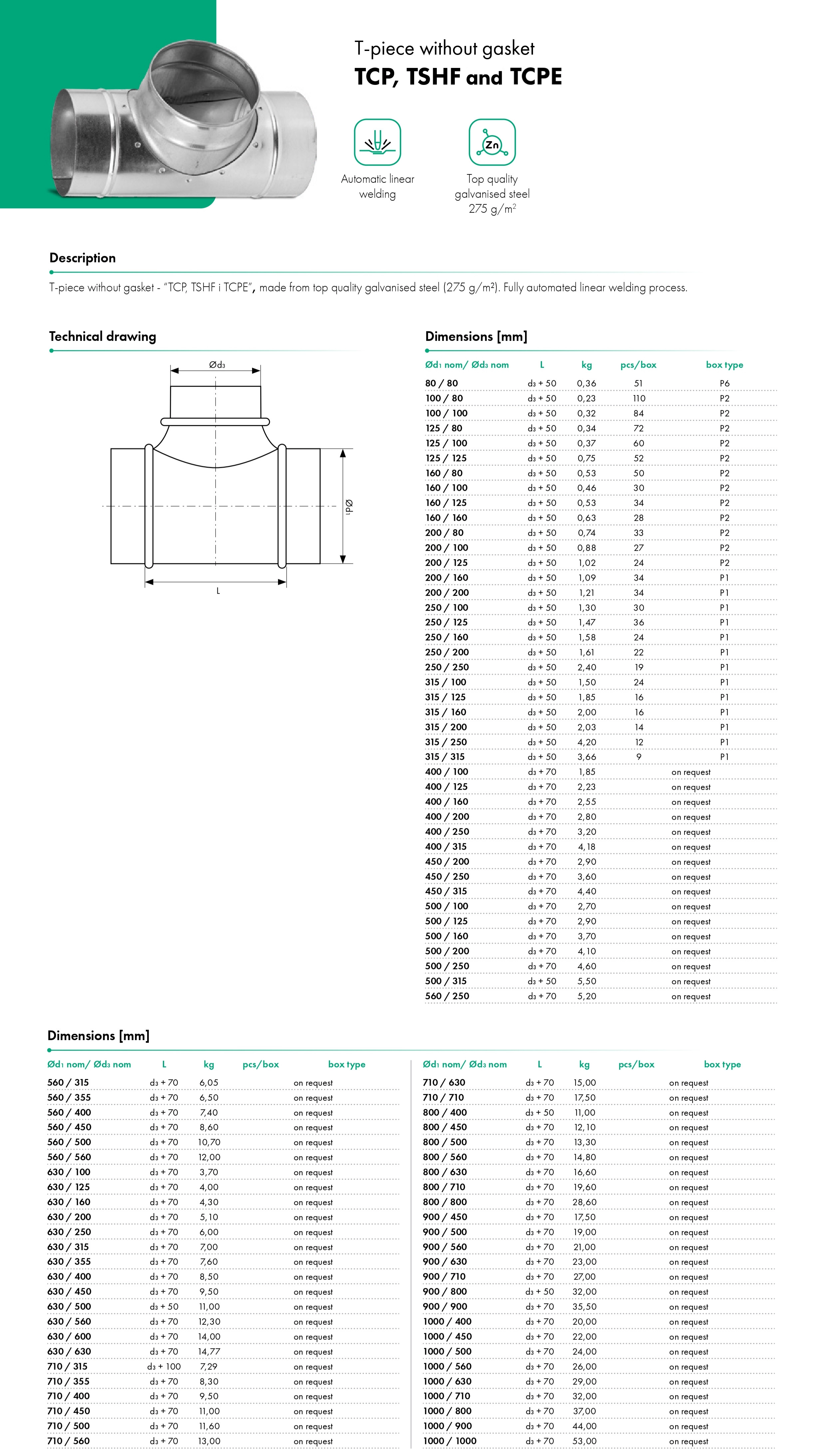 T-piece without gasket TCP, TSHF and TCPE HAVACO, Ventia - catalog card