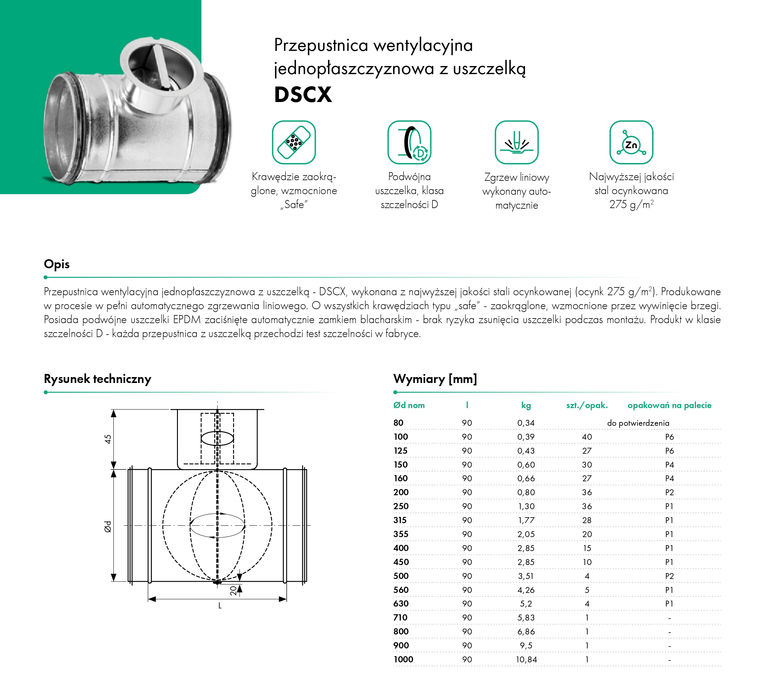 Przepustnica wentylacyjna jednopłaszczyznowa z uszczelką DSCX - HAVACO